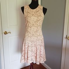 Pale Pink, Flowered Lace, Lined Midi Dress. Elegant Sleeveless Lace Dress For Spring, Elegant Spring Lace Dress Fit And Flare, Elegant Spring Fit And Flare Lace Dress, Chic Spring Lace Dress For Garden Party, Chic Lace Dress For Spring Garden Party, Spring Cocktail Lace Dress In Feminine Style, Spring Cocktail Lace Dress Feminine Style, Feminine Spring Cocktail Lace Dress, Spring Sheath Dress For Wedding Guest