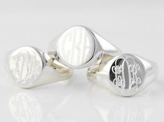 Classic Signet Ring in solid sterling silver  .................................... ❤.................................................    This reserved and classic design offers the perfect touch of bling. • Choose from US ring size 4, 5, 6, 7, 8 or 9 • Pure .925 Sterling Silver • Made in the U.S.A. • Features a 11 x 9 mm signet plate for personalization (varies slightly by size)   ......................PERSONALIZATION OPTIONS ................................  ✤ Three monogram styles for two o... Jacksonville Beach, Engraved Initials, Classic Monogram, Silver Signet Ring, Rings Silver, Signet Rings, Memorial Jewelry, Personalized Monogram, Love Jewelry