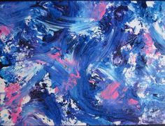 an abstract painting with blue, pink and white paint strokes on the canvase surface