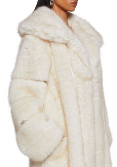 This coat has a faux fur construction, satin lining, side pockets, and front hook closures. Faux Fur Outfit, Current Mood Clothing, White Faux Fur Coat, Bubble Coat, Festival Shop, Holiday Party Outfit, Stocking Stuffer Gifts, Current Mood, Bottom Clothes