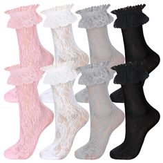 PRICES MAY VARY. Soft and Comfortable to Touch: these socks with ruffles are made of quality nylon, exquisite in craftsmanship without extra thread, keeping your feet dry and making you a comfortable wear experience when shopping or playing Elastic Design: lace socks women come in two size, elastic edges can fit most women; The elastic in the mouth of the sock wraps around the leg, preventing it from slipping off or causing discomfort Delicate and Cute Appearance: these ruffle socks are decorate Socks With Ruffles, Lace Trim Socks, Princess Accessories, Ankle High Socks, Lace Ankle Socks, Frilly Socks, Ruffled Socks, Slouch Socks, Socks Cute