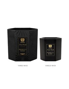 two black candles sitting next to each other on top of a white surface with the words, three - wick and three - wick