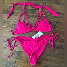 Nwt Bahimi Pink Bathing Suit Set, Size M Both Piece. Gorgeous Detailing, Very Sexy Bikini! Pink Strappy Swimwear, Pink Strappy Swimwear For The Pool, Pink Strappy Swimwear For Pool, Pink Strappy Swimwear For Party, Pink Bathing Suit, Pink Bathing Suits, Surf Bikinis, Reversible Bikinis, Suit Set