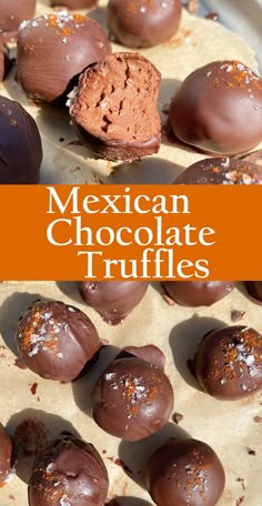 mexican chocolate truffles on a baking sheet with text overlay that reads, mexican chocolate truffles