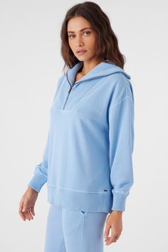 Cozy up in this quarter-zip sweater. It features a super-soft french terry design, mock neck detail and solid color wash. O'Neill Women's quarter-zip sweater Regular length Mock neck and yoke Soft french terry feel Solid color wash 80% Cotton, 20% Polyester French Terry | O'Neill Women's Karma French Terry Half Zip Pullover in Chambray, Size XL, French Terry/Polyester Terry O Neill, Spring Suit, Denim Sweater, Quarter Zip Sweater, Top Graphic Tees, Half Zip Pullover, Suit Accessories, Womens Clothing Sizes, Swim Dress