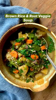 brown rice and root veggie soup in a bowl