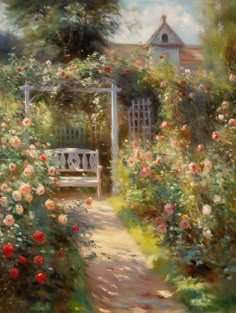 a painting of a garden with roses and a bench