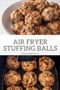 air fryer stuffing balls on a grill with text overlay that says air fryer stuffing balls