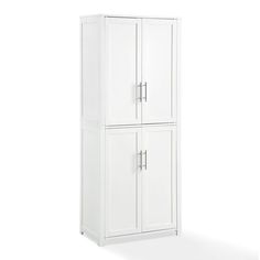 a tall white cabinet with two doors