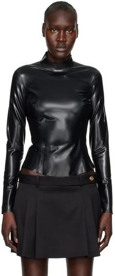 Latex blouse. Raw edges throughout. · Mock neck · Zip vent at cuffs · Zip closure at back · Unlined · Logo-engraved gold-tone hardware Supplier color: Black Black Mock Neck, Mock Neck Blouse, Active Wear For Women, Mock Neck, Apparel Accessories, Style Me, Shirts Tops, Versace, High Neck