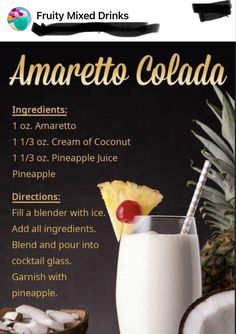 a menu for a tropical drink with pineapples and coconuts on the side