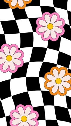 flowers on checkered black and white background with orange, pink, and yellow centers