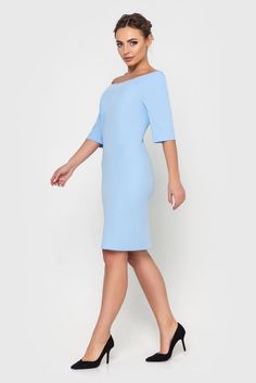 A pencil dress featuring wide boat neck, midi length, and a detachable peplum. - wide boat neck - 1/2 raglan sleeves - pencil silhouette - midi length - concealed back zipper closure - removable peplum Fabric: 55% viscose / 40% polyester/ 5% elastane. Color: baby blue You can wash dress in your washing machine with 30 degrees. Hang on a hanger to dry ist. And then it is ready to wear again! Please choose from our measurements chart your dress size, or write us your body measurements, we then sel Fitted Dress With Straight Neckline For Wedding Guest, Knee-length Bodycon Dress For Wedding, Fitted Midi Dress With Straight Neckline For Wedding, Wedding Dress With Fitted Bodice And Boat Neck, Blue Wedding Dress With Straight Neckline, Fitted Knee-length Bodycon Dress For Wedding Guest, Elegant Boat Neck Dress With Fitted Bodice, Formal Dress With Fitted Bodice And Boat Neck, Fitted Midi Length Bodycon Dress For Wedding Guest