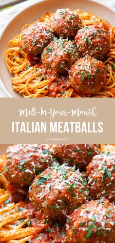 Italian meatballs served over a bowl of spaghetti Homemade Italian Meatballs, Spaghetti And Meatballs