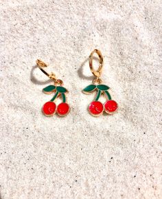 dainty cherry earrings 🍒 Trendy Handmade Cherry-colored Jewelry, Cute Nickel-free Round Hoop Earrings, Cute Round Red Jewelry, Cute Red Round Jewelry, Cute Cherry-colored Jewelry For Gifts, Cute Cherry-colored Jewelry Gift, Cute Nickel-free Flower Earrings, Sweet Nickel-free Dangle Jewelry, Red Cherry Print Jewelry For Gifts