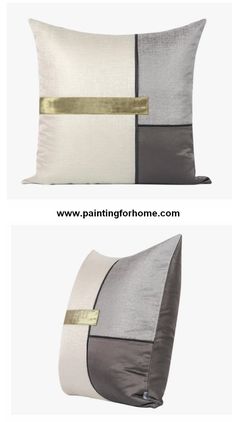 two different pillows with gold trims on each side and the same pillow in black, white