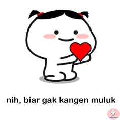 a cartoon character holding a heart with the words nih, biar gak kangen muluk