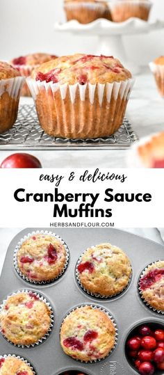 cranberry sauce muffins in a muffin tin with fresh cherries