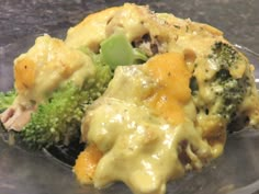 broccoli and chicken casserole on a glass plate