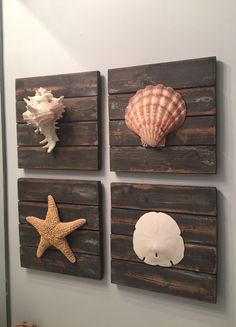 four seashells are mounted on wooden planks in this bathroom wall art display