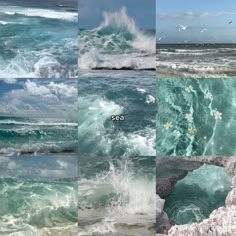 four different shots of the ocean with waves and birds flying over them, all in color