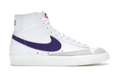 Nike Blazer Mid 77 White Voltage Purple (W) - CZ1055-105 Nike Blazer Women, Nike Blazer Mid 77 Women, Nike Blazer Mid 77 White, Nike Shoes Women Fashion, Purple Blazers, Nike Blazers, Nike High Tops, Nike Blazer Mid 77, Purple Nikes