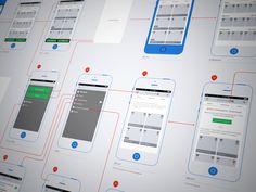 several cell phones connected to each other on a white surface with red and blue circles