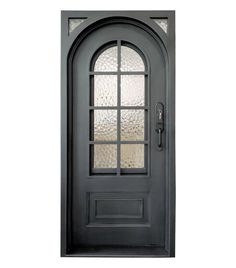 a black door with glass panels and a sidelight on the top half of it