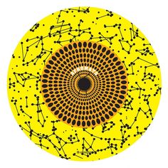 a yellow circle with black dots and lines in the shape of a flower on it