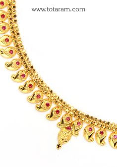 22 Karat Gold Mango Mala with Red Stones
   - 235-GN573 - in 36.400 Grams for USD $2827.19. 
Made in India by Totaram Jewelers Online this product is in Gold - 22 Karat BIS Hallmark 916 KDM Gold  & is an excellent gift for Adult - Women. Ships fully insured with secured guaranteed delivery for free with your order over $250 from New Jersey USA & comes with 30 days exchange policy. Mango Mala, Red Stones, Red Stone, Gifts For Adults, 22k Gold, New Jersey, Hallmark, Mango, For Free