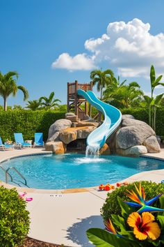 Make pool time more fun with a rock slide. Perfect for families looking to add a touch of adventure! Backyard Waterpark, Big Pool, Bored Jar, Big Pools, Pool Slide, Pool Builders, Pool Time, Natural Pool, Football Field