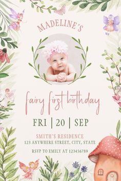 Fairy First Birthday Party Invitations with Photo First Birthday Forest, Watercolor Fairies, Mushroom Photo, Photo Invitations, First Birthday Party