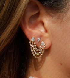 Double Piercing Diamond Earring, Triple Chain Drop Wrap Earring, Gift for Her for Gift Her  * More option in gold color: Rose gold, yellow gold, White gold ✦ Gemstone: Lab grown Diamond ( CVD/HPHT ) ✦ Location: Earlobe, Cartilage ✦ Stone Shape : Round Brilliant Cut          ✦ Color: G ✦ Clarity: VS ✦ Lab grown Diamond ✦ Gemstone: Moissanite ✦ Location: Earlobe, Cartilage ✦ Stone Shape : Round Brilliant Cut          ✦ Color: Colorless ✦ Clarity: VVS ✦ SKU: 2470 Metal Type: 925 Sterling Silver  Me Luxury Gold Drop Diamond Earrings, Luxury Gold Danglers With Pierced Details, Luxury Gold Drop-shaped Jewelry, Diamond Drip Earrings, Party Gold-tone Chandelier Earrings For Pierced Ears, Drop Diamond Earrings, Unique Diamond Earrings, Double Piercing, Diamond Dangle Earrings