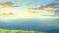 an anime scene with the ocean and grass