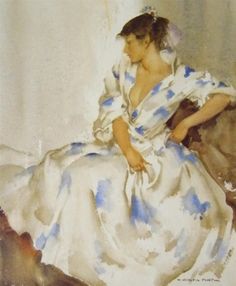 a painting of a woman in a blue and white dress sitting on a couch with her head turned to the side