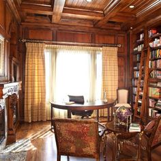 a living room filled with lots of furniture and bookshelves next to a fire place