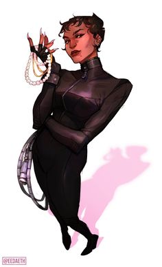 a drawing of a woman in a black catsuit with her hands on her hips