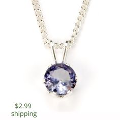 "This gorgeous purple alexandrite necklace set in a 925 sterling silver pendant is the perfect gift by itself or for layering with another necklace. The 6mm (1/4\") alexandrite gemstone is lab created and is the June birthstone. It's complimented with a 1/10 silver filled curb chain, available in 16\", 18\" or 20\" length. The stones will reflect a pink color under indoor light, and a purple color under natural (outdoor) light. ► Sterling silver pendant with 6mm Alexandrite gemstone ► 16\", 18\" Lavender Faceted Necklace Gift, Classic Amethyst Necklace For Gift, Silver Tanzanite Jewelry Gift, Tanzanite Faceted Necklace For Gift, Gift Tanzanite Faceted Necklace, Sterling Silver Purple Gemstone Birthstone Necklace, Purple Gemstone Birthstone Necklace In Sterling Silver, Purple Sterling Silver Birthstone Necklace, Purple Birthstone Necklace In Sterling Silver