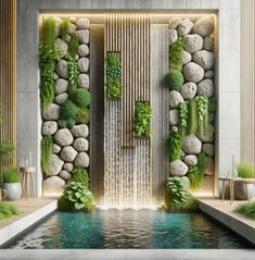 Indoor Waterfall Wall, Indoor Wall Fountains, Taman Air, Indoor Water Features, Indoor Pool Design, Pool Pond