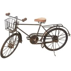 an old fashioned bicycle with a basket on the front and back wheels is shown against a white background