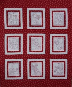 a red and white quilt with nine square pictures on the front, all in different sizes