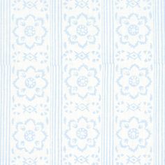 a blue and white striped wallpaper with flowers