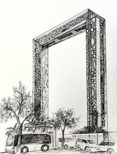 a drawing of a large mirror in the middle of a parking lot with cars parked below it