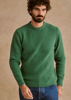 Huxley Sweater - Green - Wool - Octobre Éditions Boucle Yarn, Wardrobe Refresh, Green Wool, Green Sweater, Parisian Style, Round Collar, Shopping List, Jumper, Wool