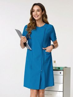 Nurse Dress, Simple Fashionable Casual For Daily Wear Pocket Front Zip Fitted Blue Casual  Short Sleeve Woven Fabric Colorblock,Letter Tunic Non-Stretch  Women Uniforms & Special Clothing, size features are:Bust: ,Length: ,Sleeve Length: Nurse Dress, Corduroy Pants Men, Formal Wedding Guest Dress, Women's Uniforms, Cocktail Dress Formal, Special Clothes, Semi Formal Dresses, Scrubs Nursing, Dress Simple