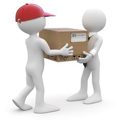 two white cartoon characters are holding a cardboard box and giving it to another character with a red cap