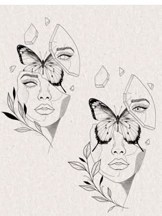 two drawings of faces with butterflies on them