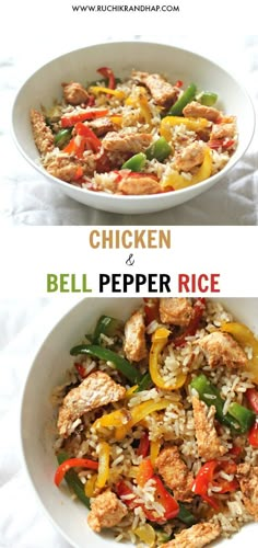 two bowls filled with chicken and bell pepper rice