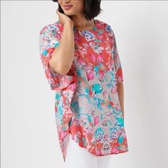 Fabrication: Woven Features: Allover Print, Scoop Neckline, Curved Hem, Seam Detail Provides Shape Fit: Relaxed Fit; Generously Cut With Maximum Wearing Ease Length: Missy Length 31-1/2" To 33-5/8"; Plus Length 33" To 34-3/4" Content: 100% Modal Care: Machine Wash, Tumble Dry Imported Casual Floral Print Beach Tunic, Bohemian Blouse With Tropical Print For Beach, Multicolor Floral Print Short Sleeve Tunic, Casual Floral Print Tunic For Beach, Casual Floral Tunic For Beach Cover-up, Floral Print Beachwear Blouse For Vacation, Floral Print Summer Tunic, Summer Floral Print Patterned Tunic, Casual Floral Print Short Sleeve Tunic