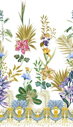 an image of flowers and plants on a white background with gold trimming around the edges